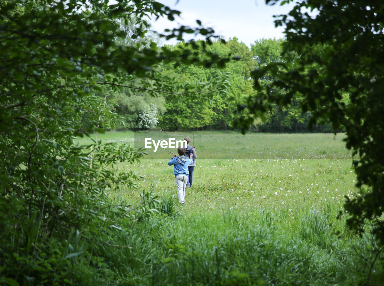 Boys walking with fishing rods on grassy field seen through plants