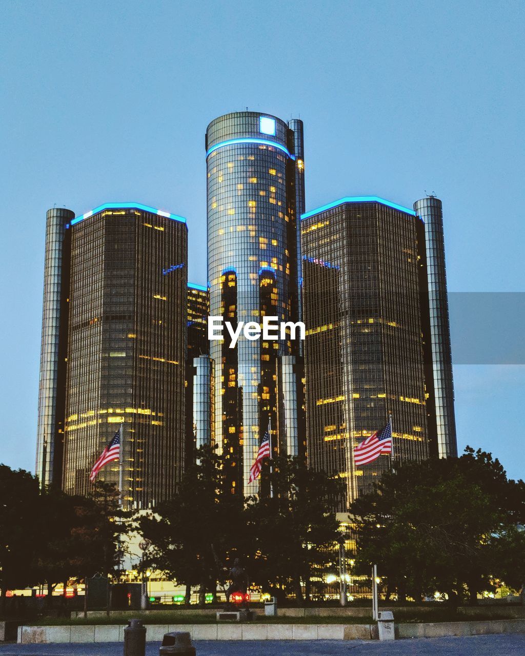 Low angle view of modern buildings against clear sky