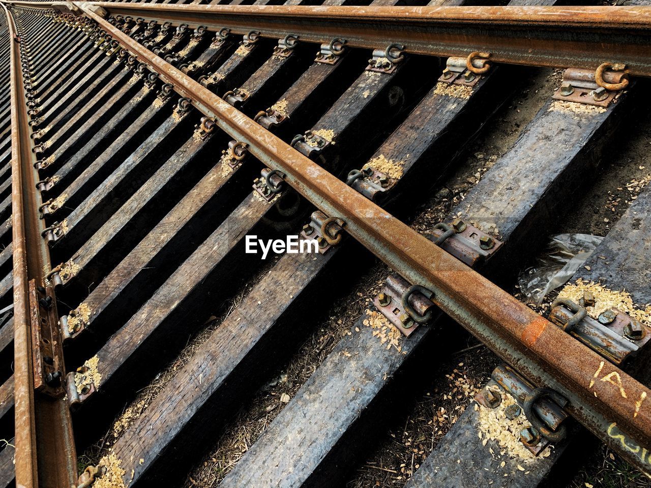 FULL FRAME SHOT OF OLD METAL RAILROAD TRACK