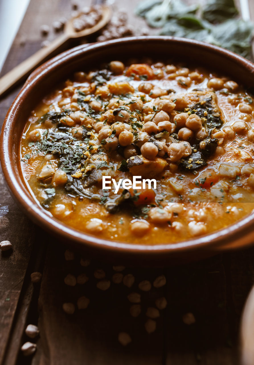 Vegan food north spain food. chickpeas with chard. potaje is a typical spanish dish.