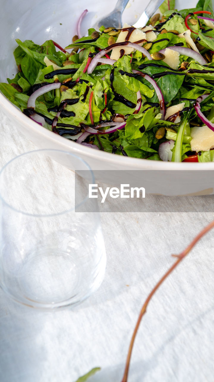 High angle view of salad in bowl on table