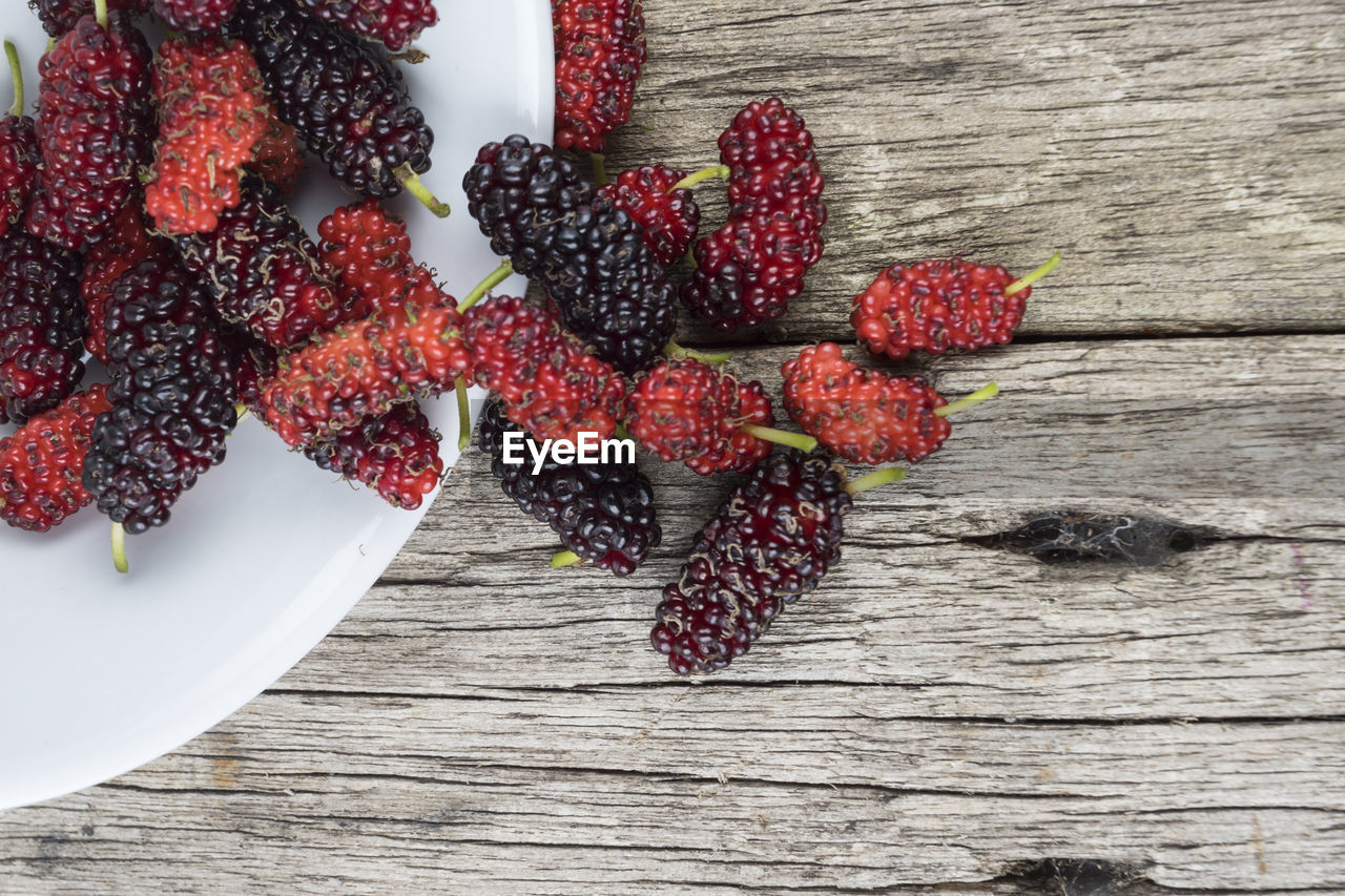 HIGH ANGLE VIEW OF CHERRIES ON TABLE