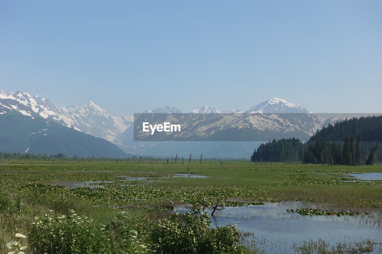 Scenic view of snowcapped mountains against clear sky