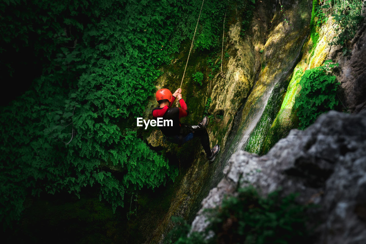 Low-angle male rock climbing or abseiling down waterfall in lush forest.