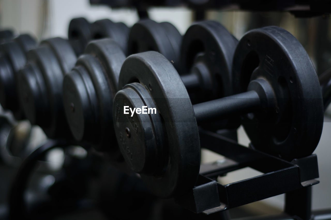 Close-up of dumbbells in gym