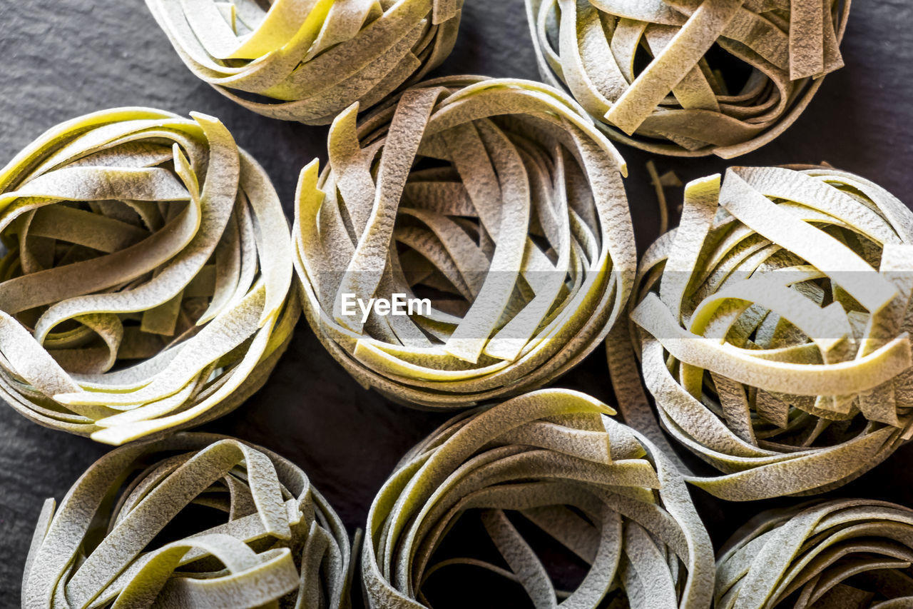 Directly above view of spinach tagliatelle on table