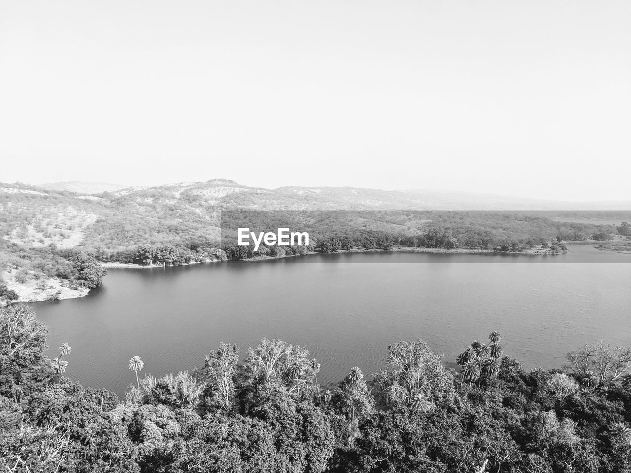 High angle view of lake against clear sky