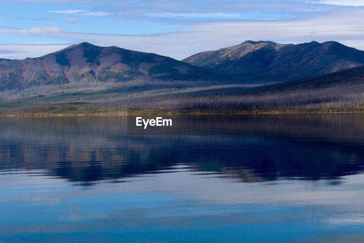 Scenic reflection of mountains in calm lake