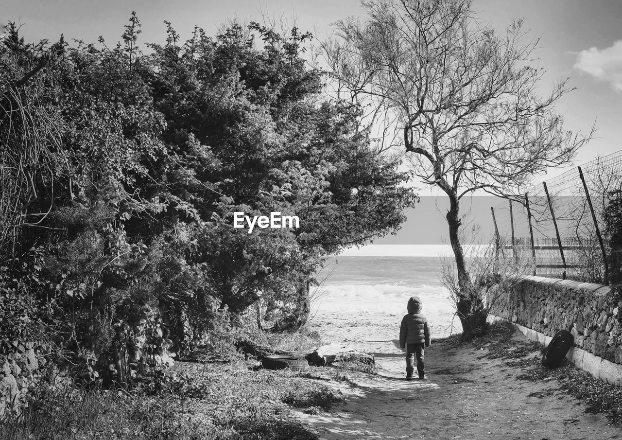 Rear view of boy standing on footpath leading towards beach