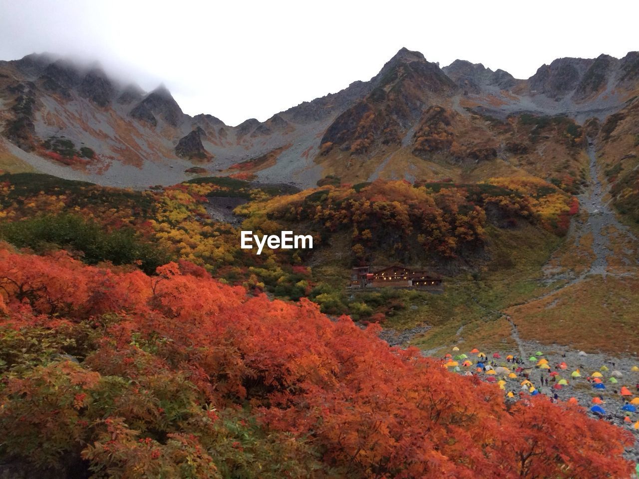 Scenic view of multi colored tents at autumnal landscape