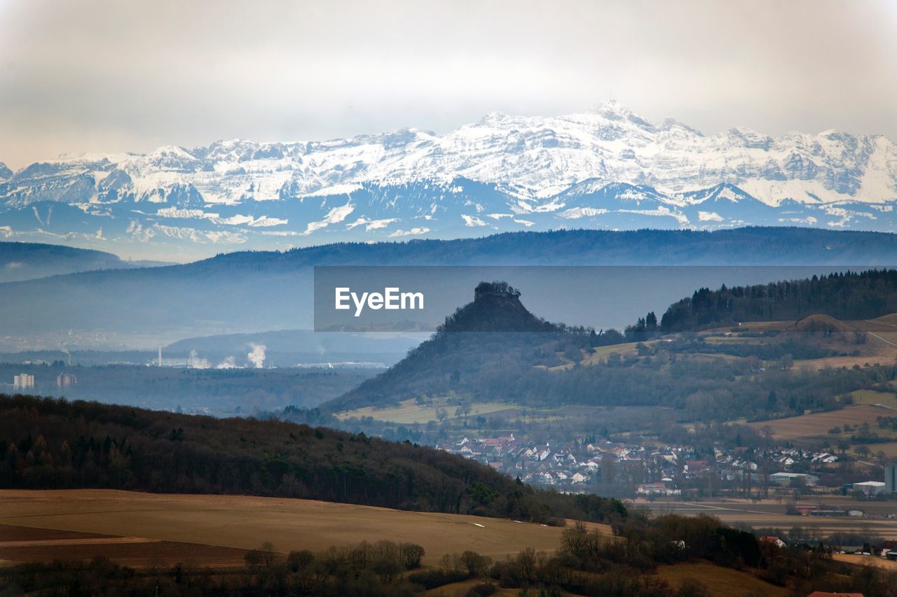 Scenic view of snowcapped mountains against sky