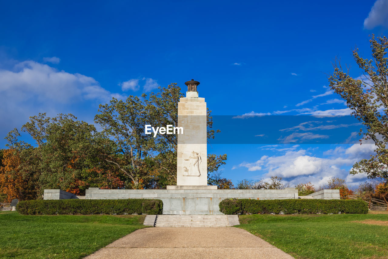 LOW ANGLE VIEW OF STATUE AGAINST TREES AND SKY