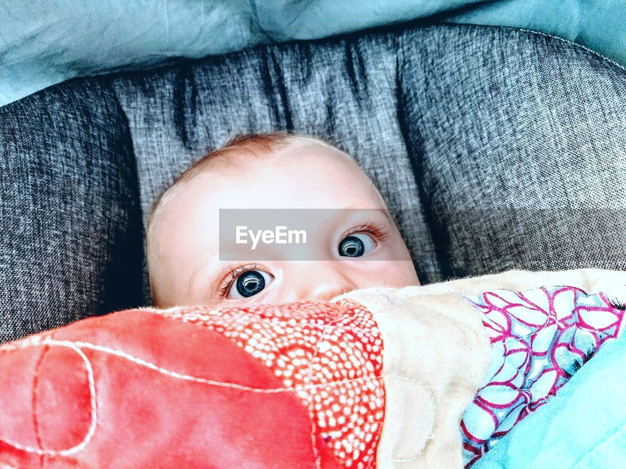 Close-up portrait of baby boy on bed