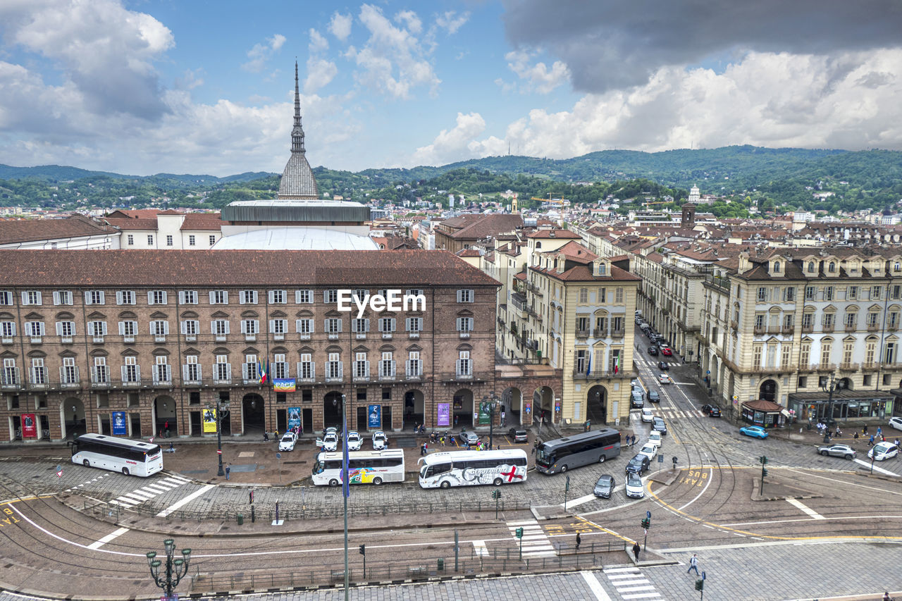 Aerial view of castello square in turin with beautiful historic building