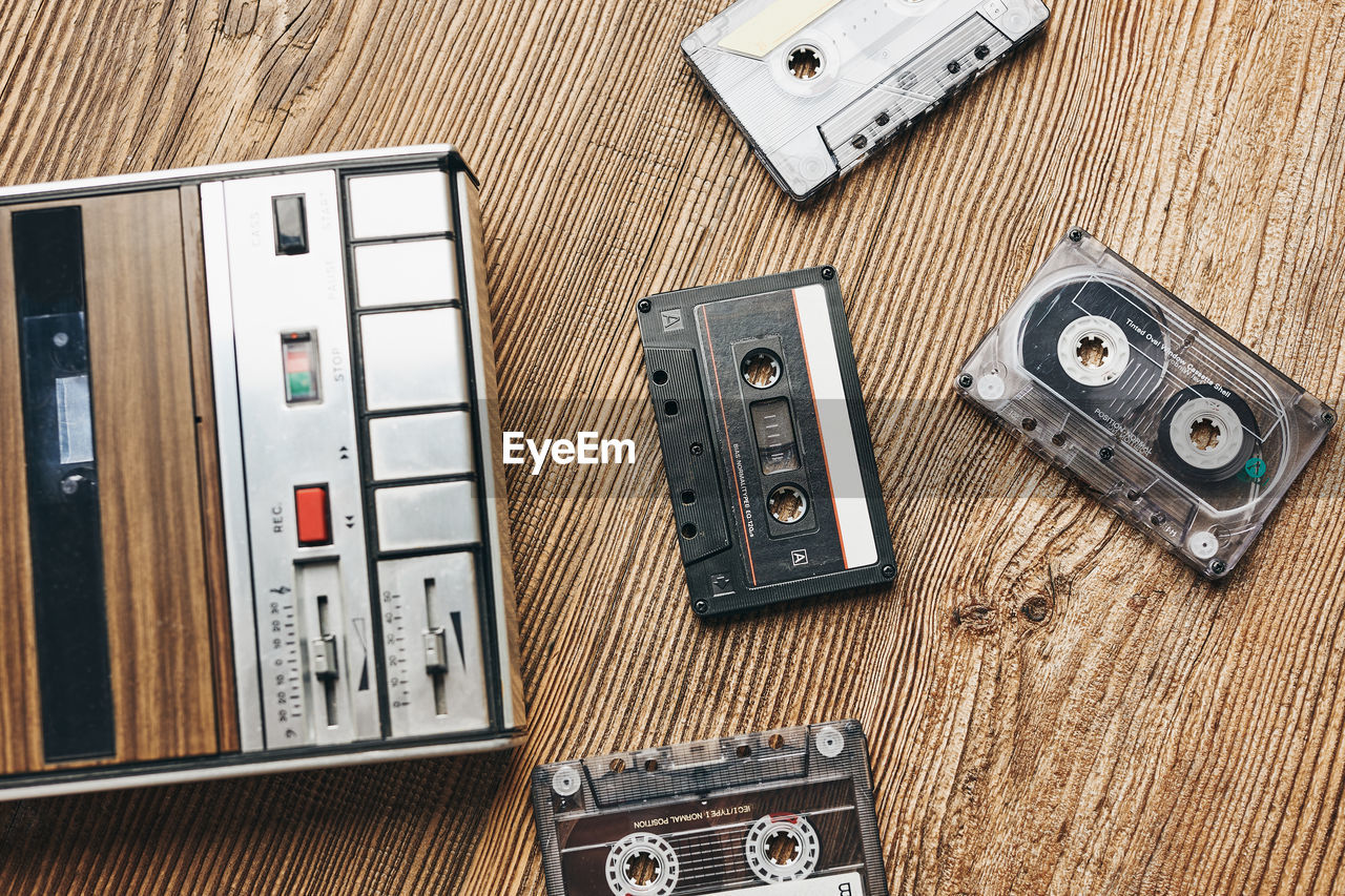 Cassette tapes and recorder. retro music style. 80s music party. analog sound. back to the past