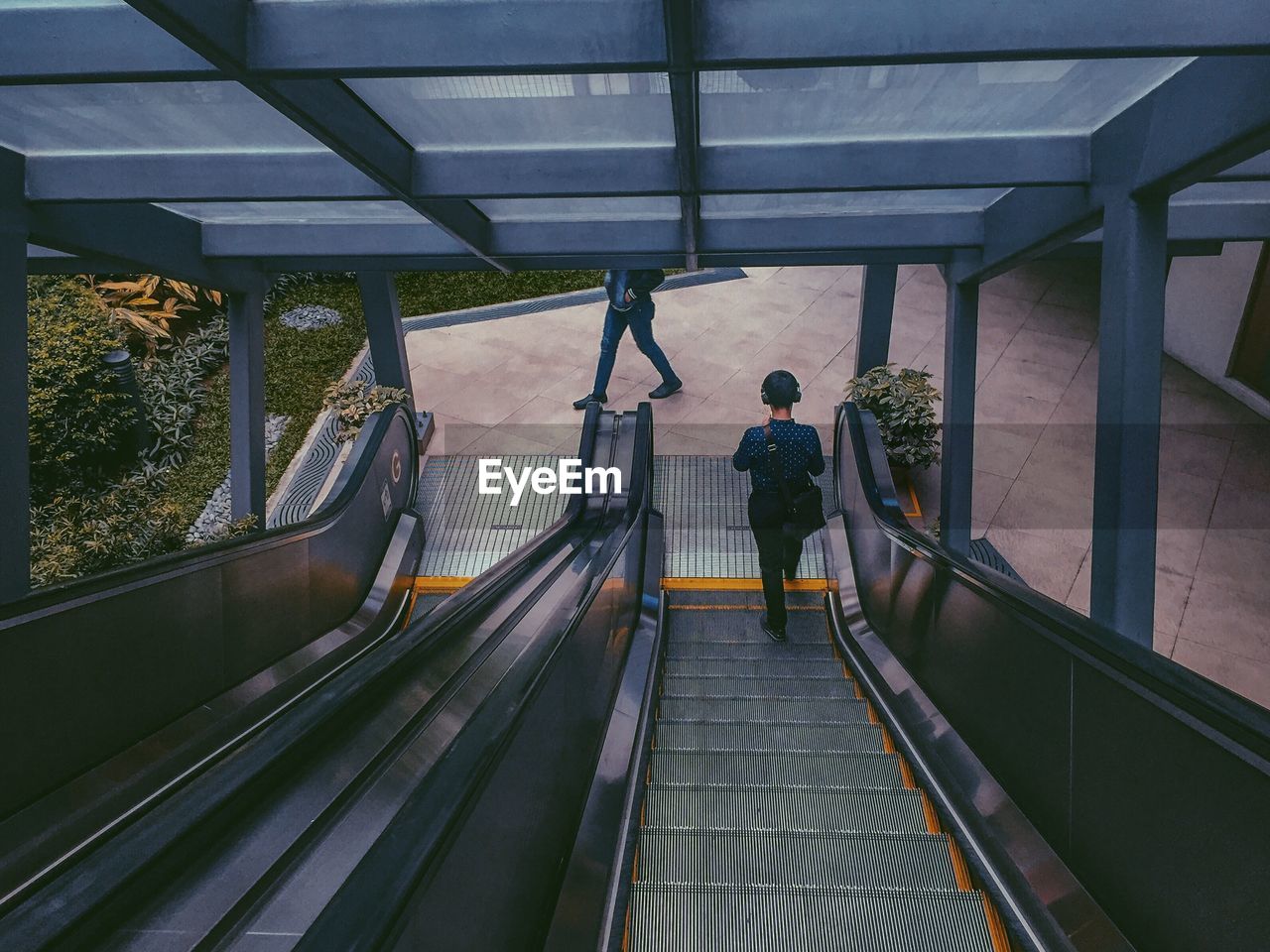 Rear view of man on escalator