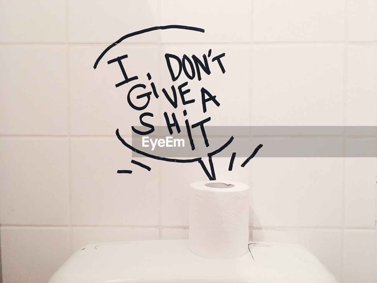Text on wall with toilet paper in bathroom