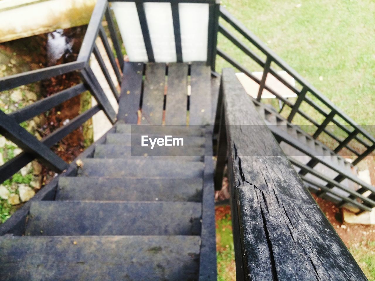 High angle view of empty wooden steps