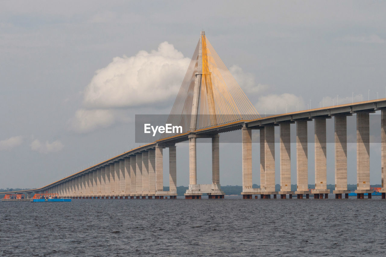 View of bridge over river against cloudy sky