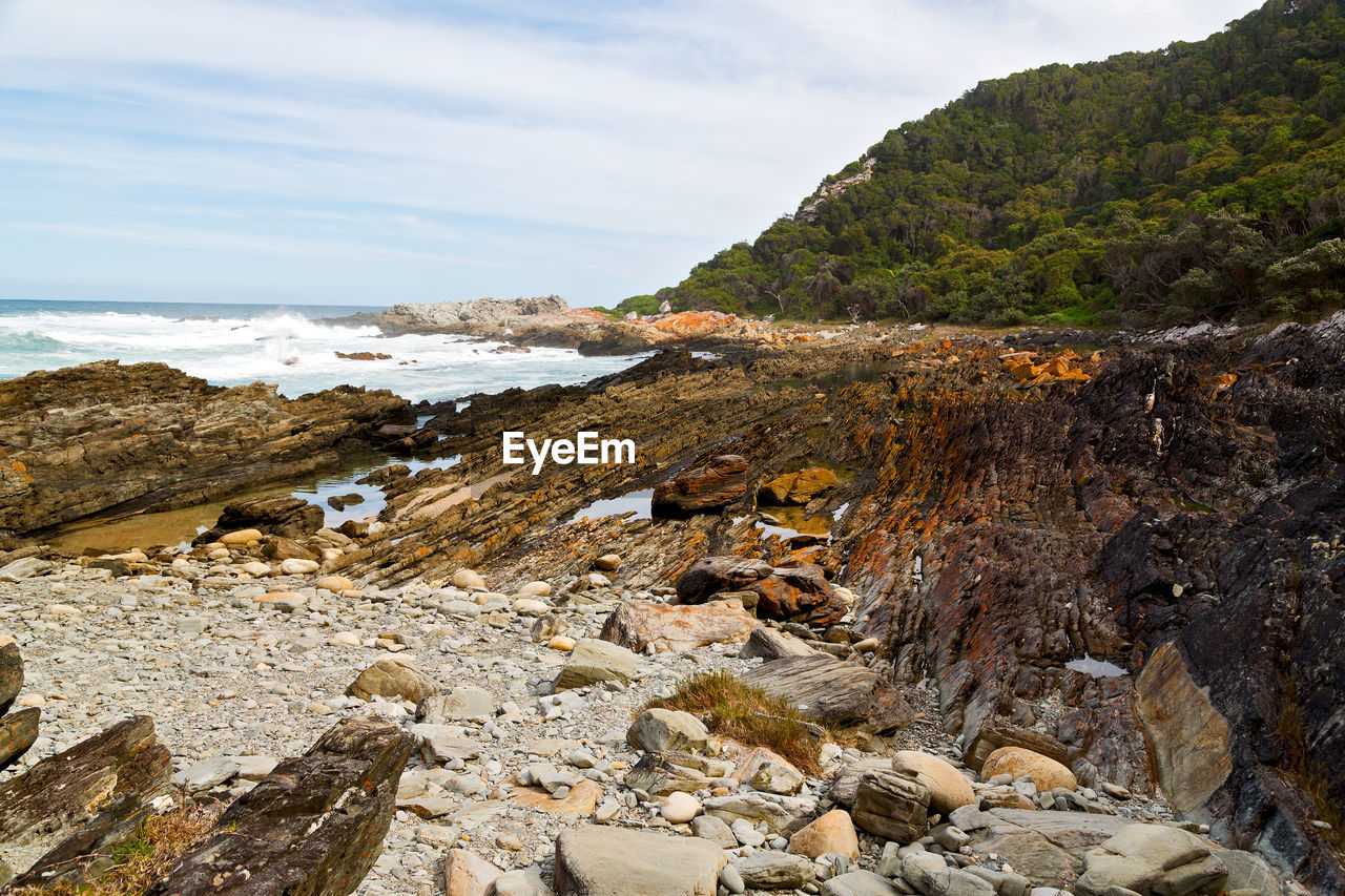 SCENIC VIEW OF ROCKS ON SHORE AGAINST SKY