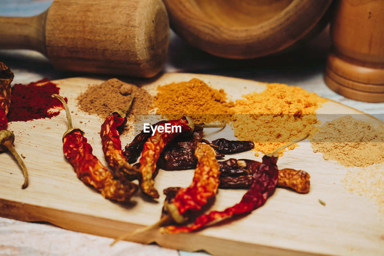 Spices by mortar and pestle on table