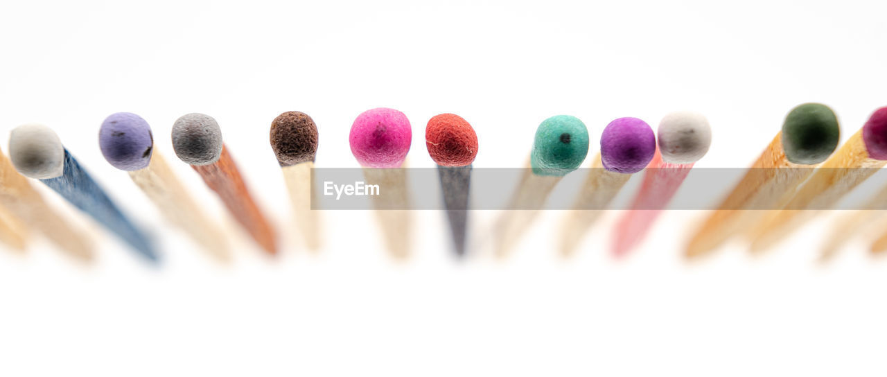 multi colored, variation, white background, large group of objects, in a row, no people, close-up, make-up, brush, indoors, studio shot, pencil, still life, cosmetics, selective focus, cut out, arrangement, order, creativity, side by side, nail, make-up brush