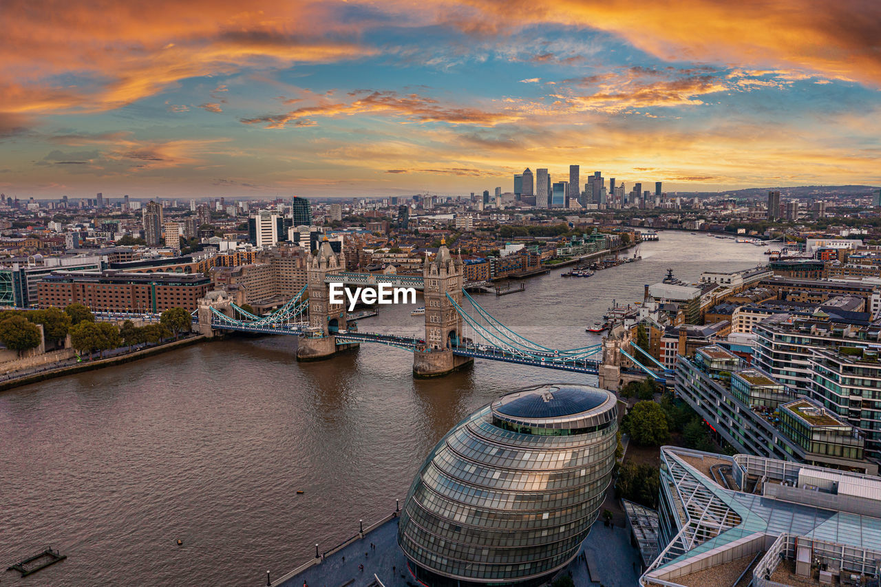 Aerial panoramic cityscape view of the london tower bridge