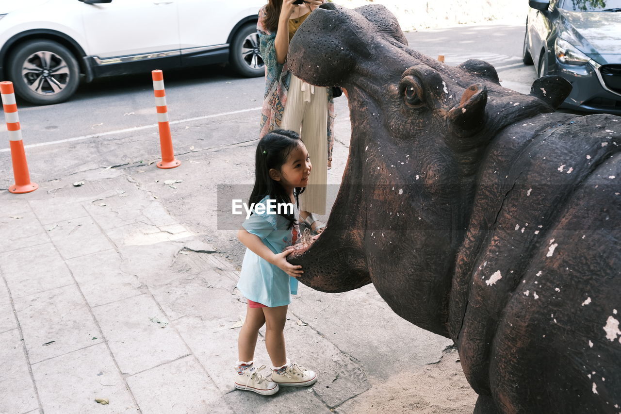 Full length of girl standing by animal representation