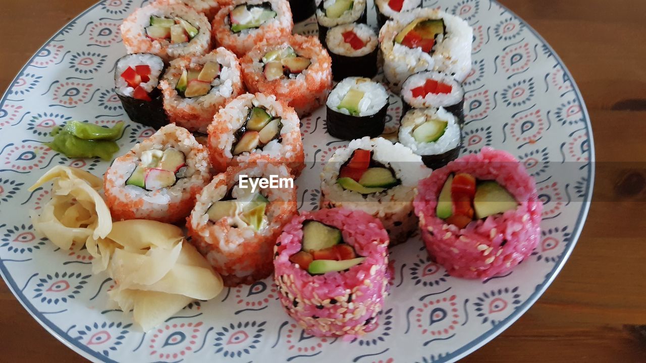 Close-up of sushi served on table