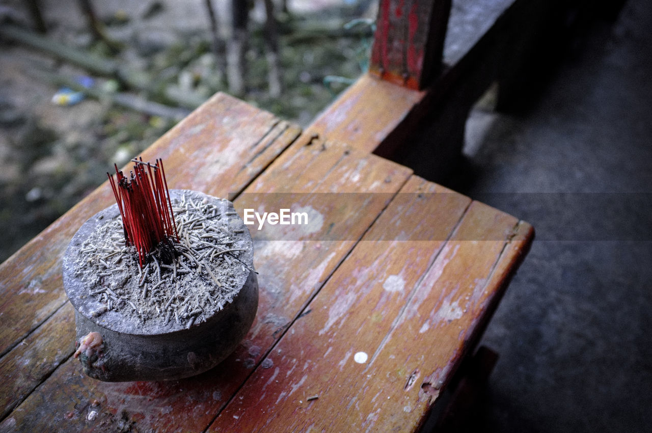 High angle view of incense ash on table