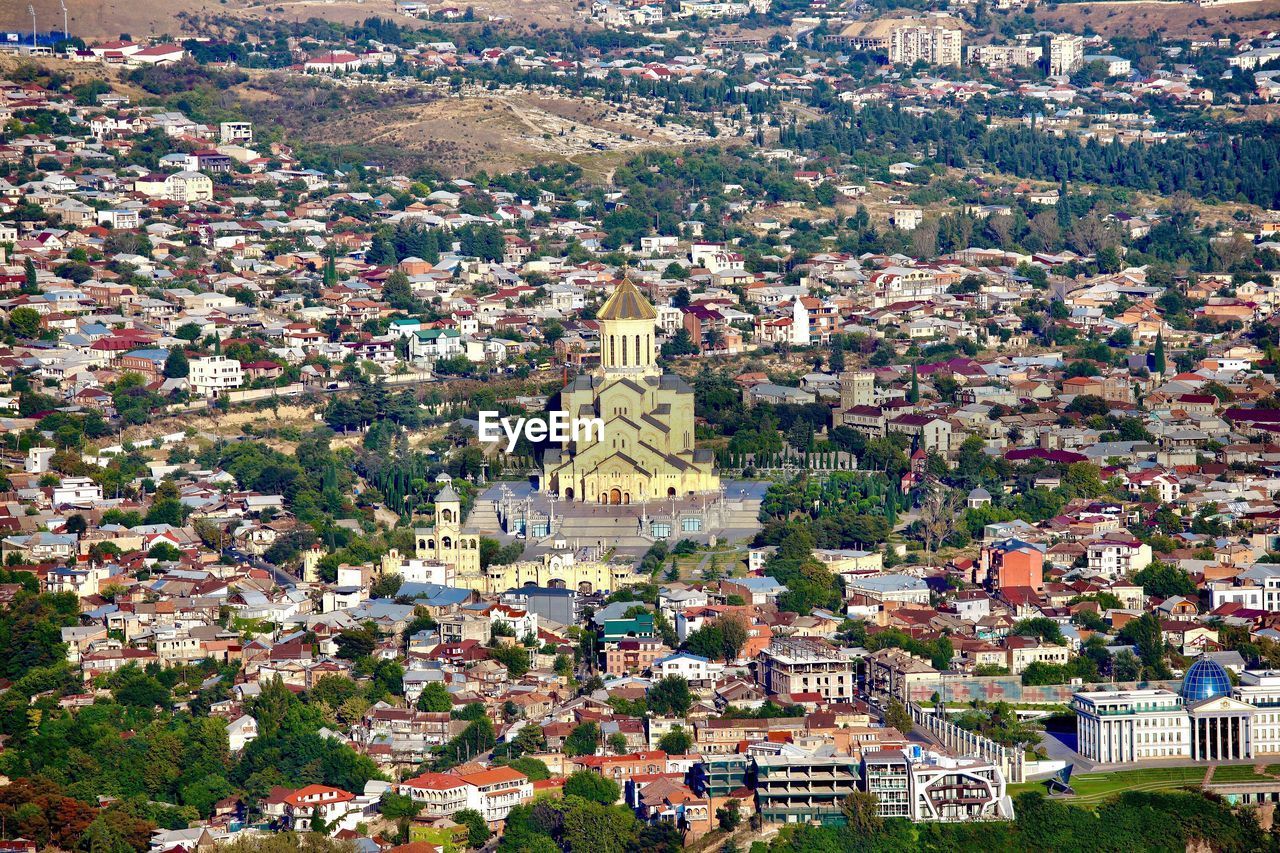 High angle view of city buildings