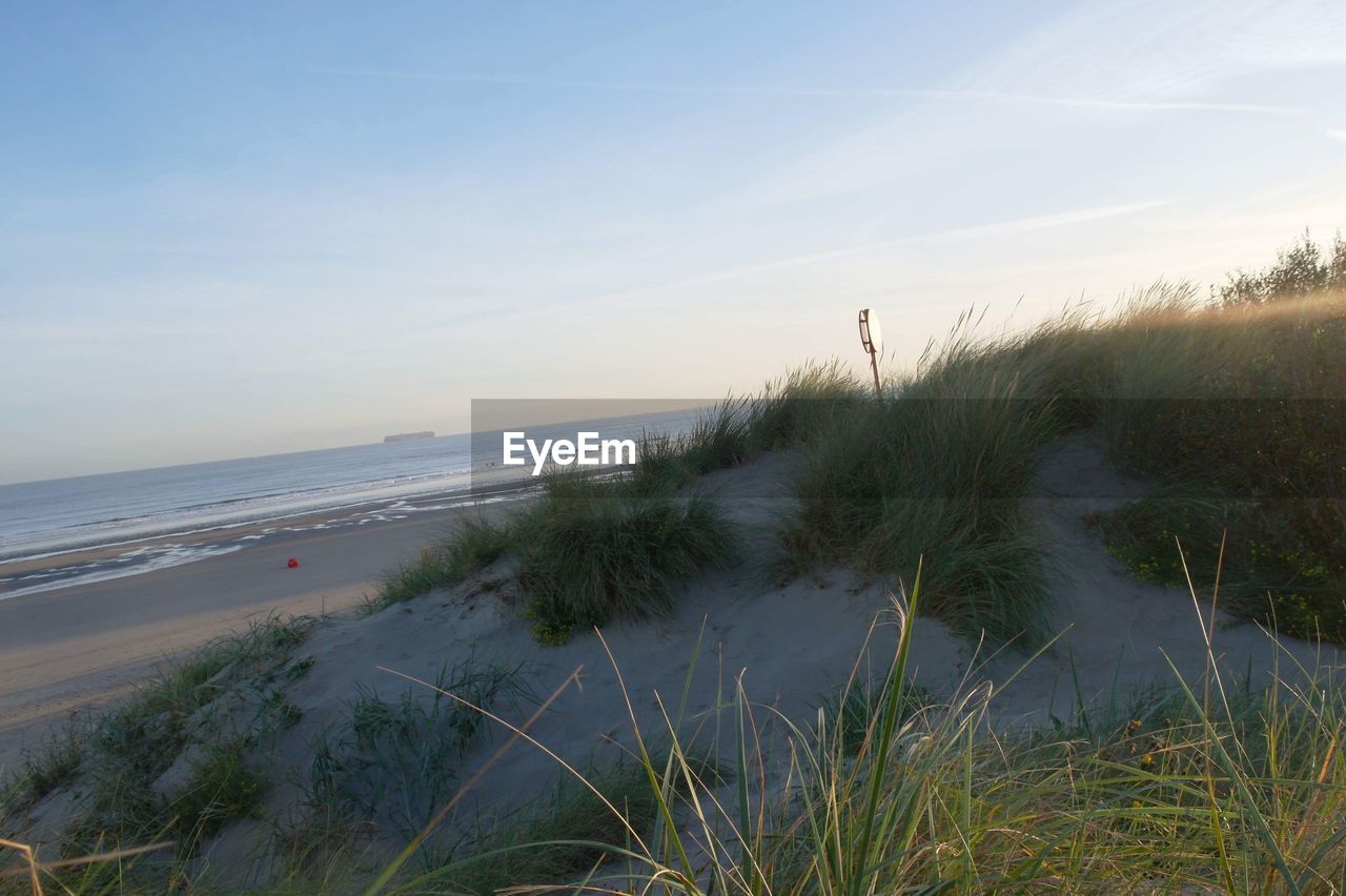 SCENIC VIEW OF BEACH AGAINST SKY AT SUNSET