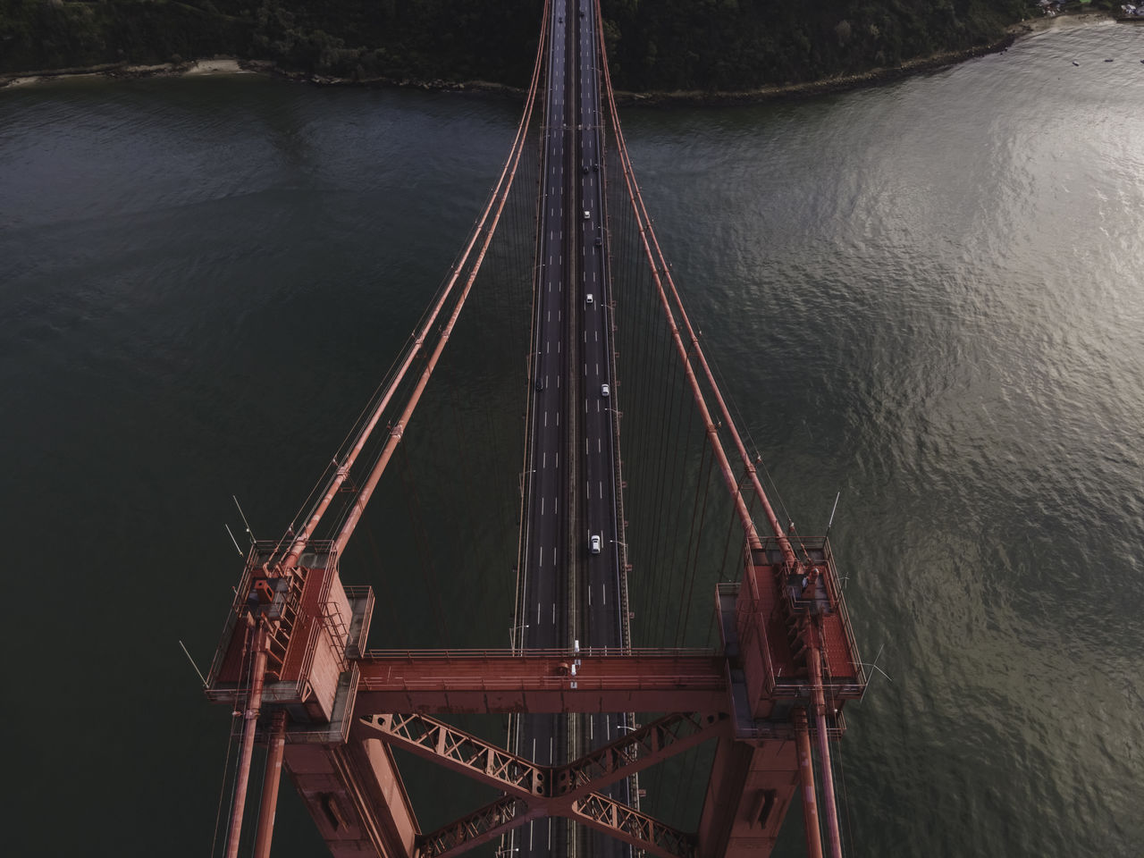 HIGH ANGLE VIEW OF SUSPENSION BRIDGE IN WATER AGAINST SKY
