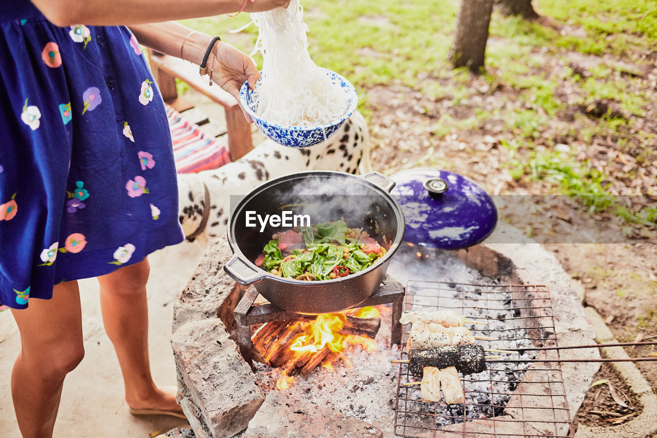 Low section of woman preparing food at barbecue grill