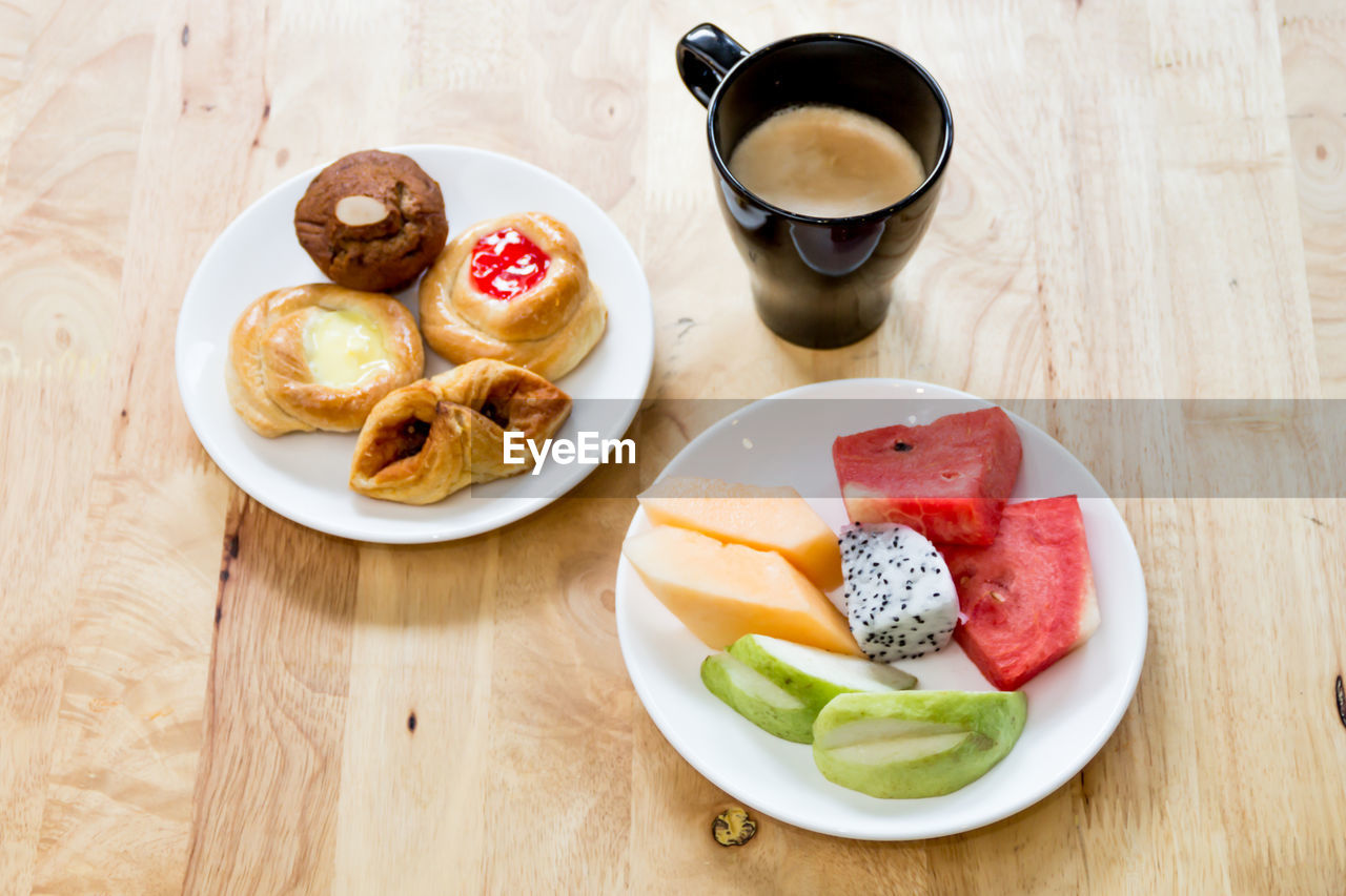 HIGH ANGLE VIEW OF BREAKFAST SERVED IN PLATE ON TABLE