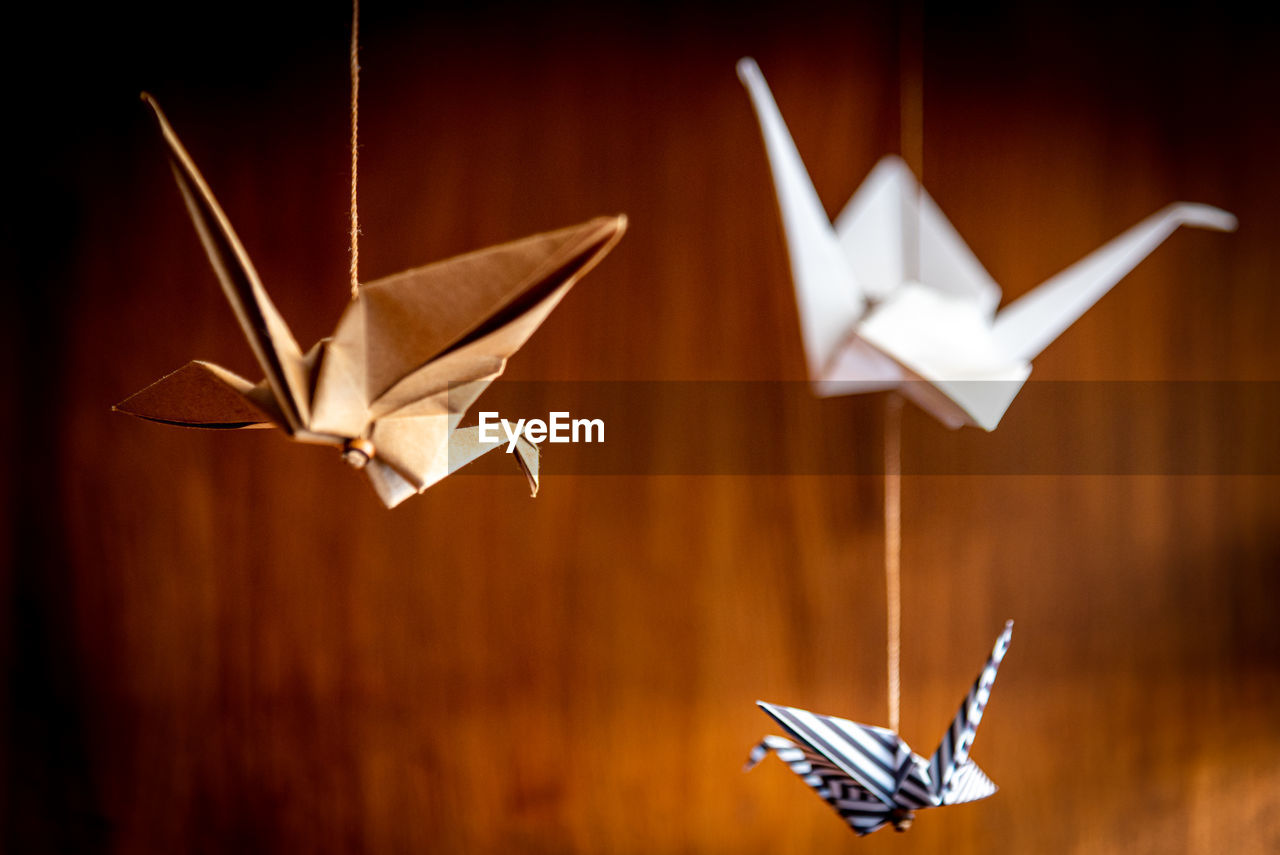 Deep bokeh of three origami swans hanging from the roof with a wooden background