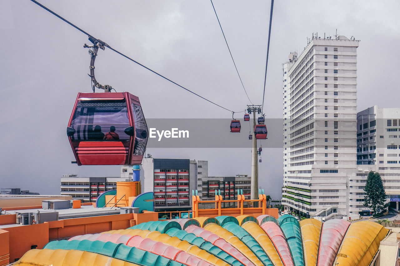 Cable car by buildings against sky in city
