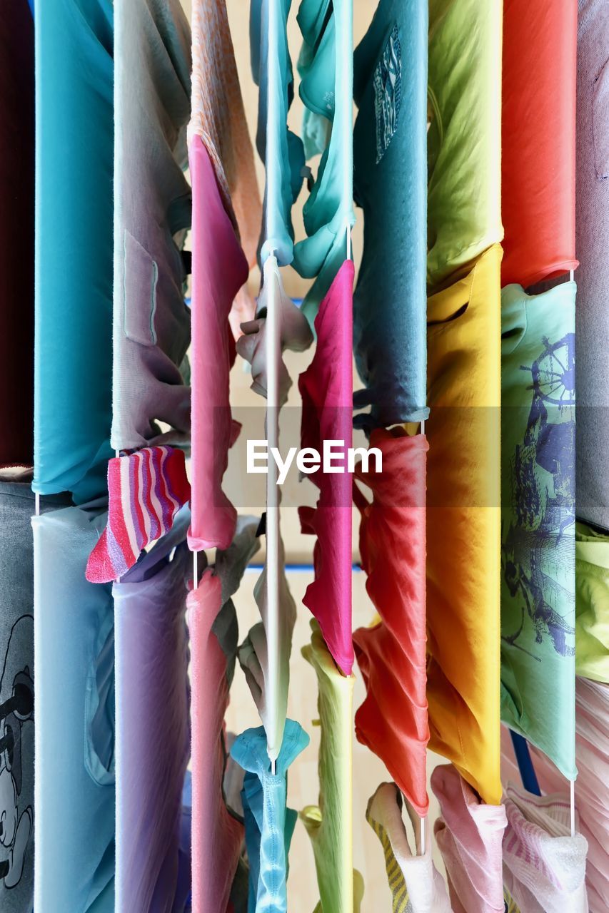 Directly above shot of laundry hanging on clothesline outdoors