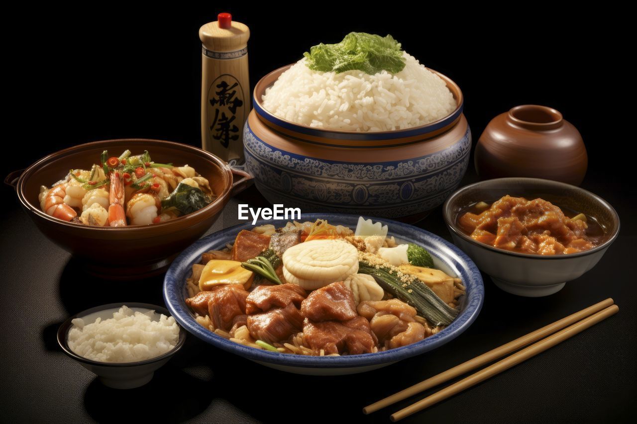 high angle view of food on table against black background