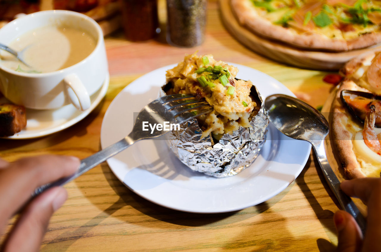 HIGH ANGLE VIEW OF HAND HOLDING FOOD IN PLATE