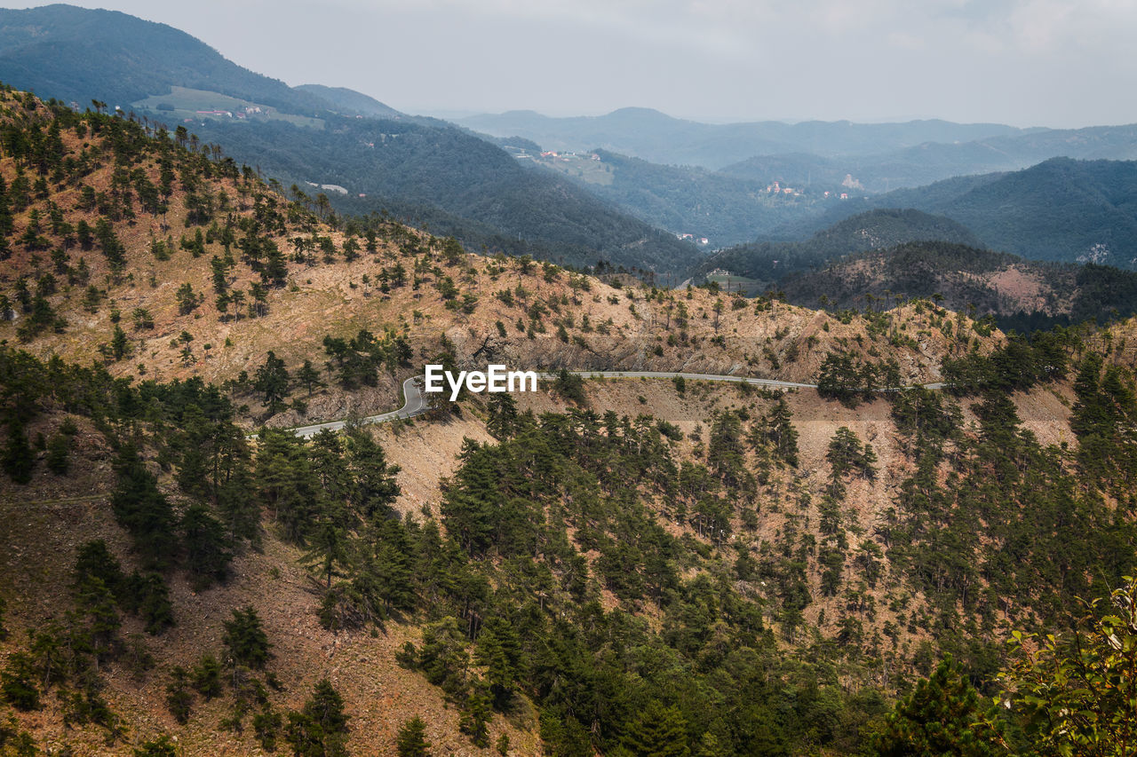 High angle view of landscape and mountains against sky