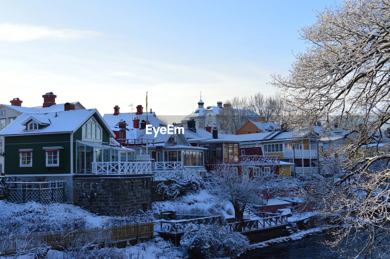 Built structures against sky during winter