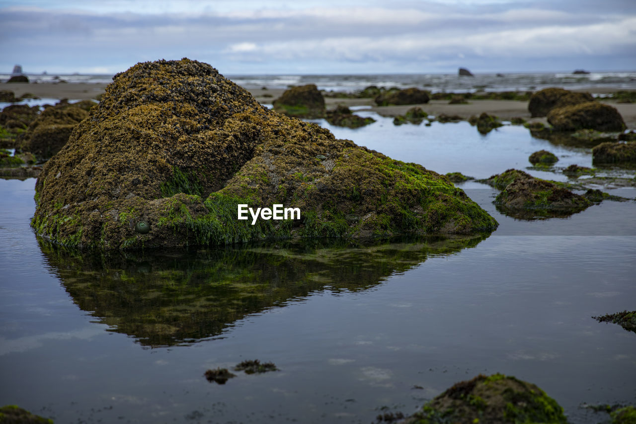 Scenic view of rocks in sea against sky