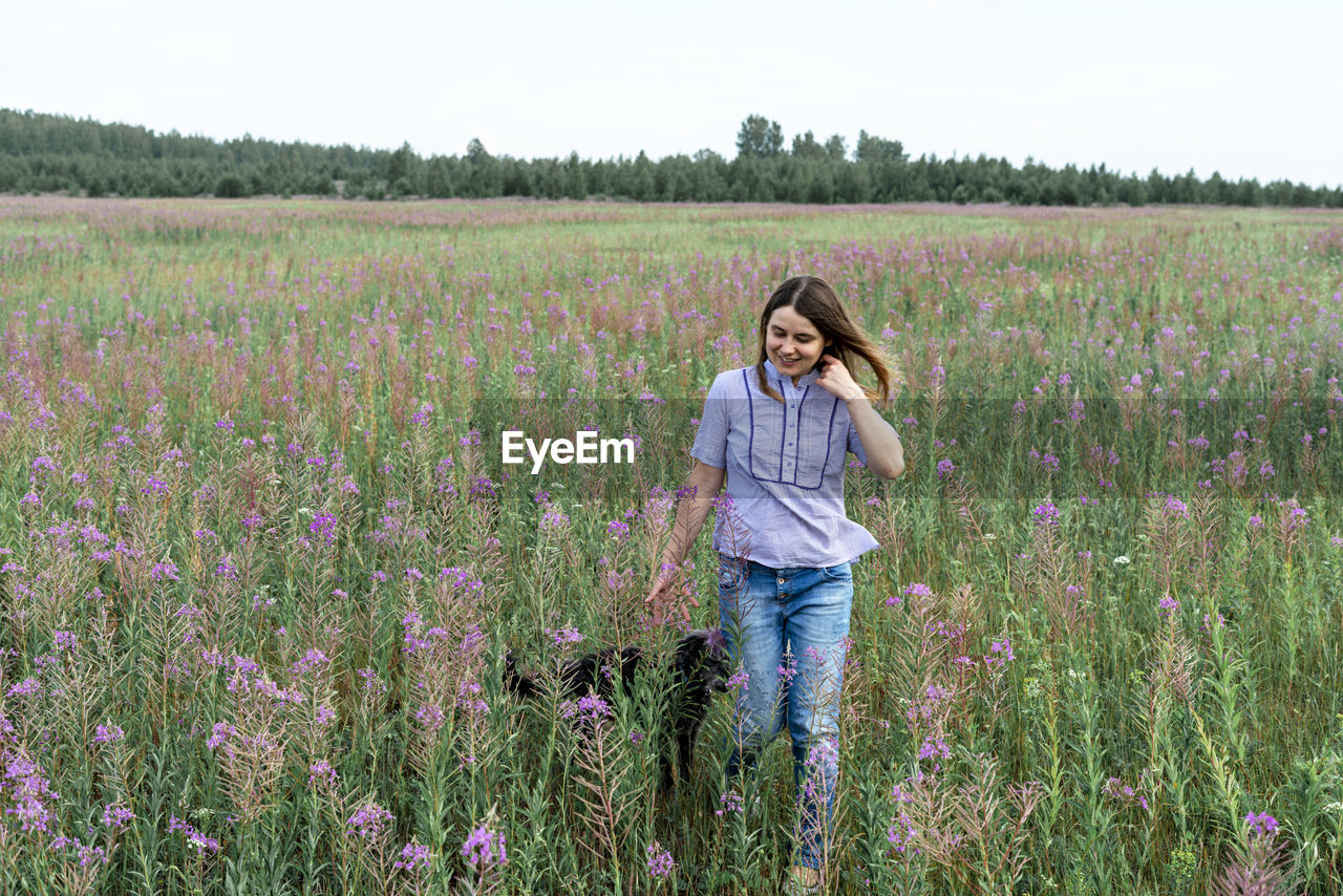 Young blond smiling woman walking on field among flowers of fireweed with  dog, traveling with pets 