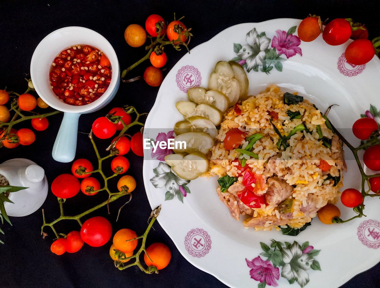 food and drink, food, healthy eating, fruit, freshness, plate, wellbeing, vegetable, meal, dish, no people, cuisine, high angle view, tomato, table, meat, produce, still life, indoors, directly above, dinner, salad, berry