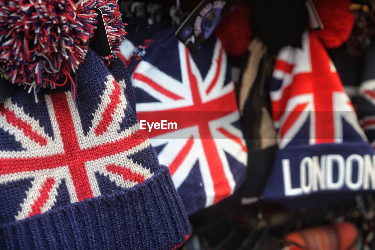 Close-up of british flag pattern on knit hats