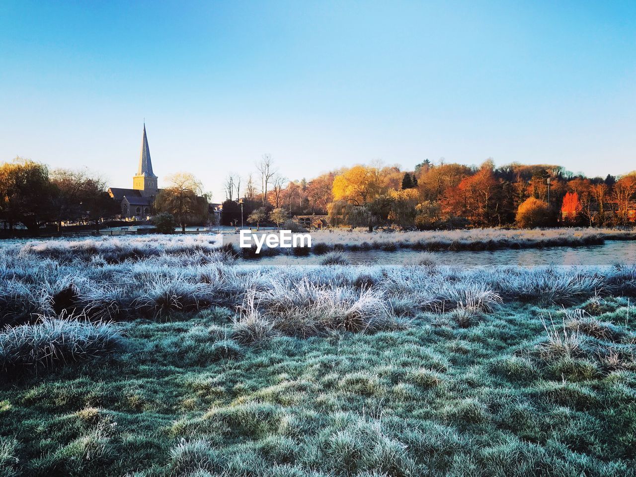 Scenic view of winter field against clear blue sky