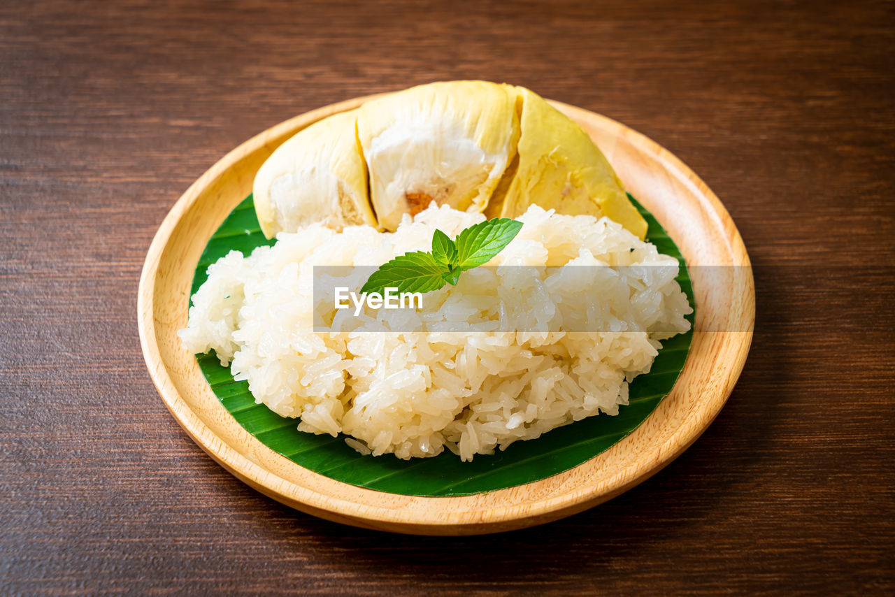 high angle view of food served in plate on table