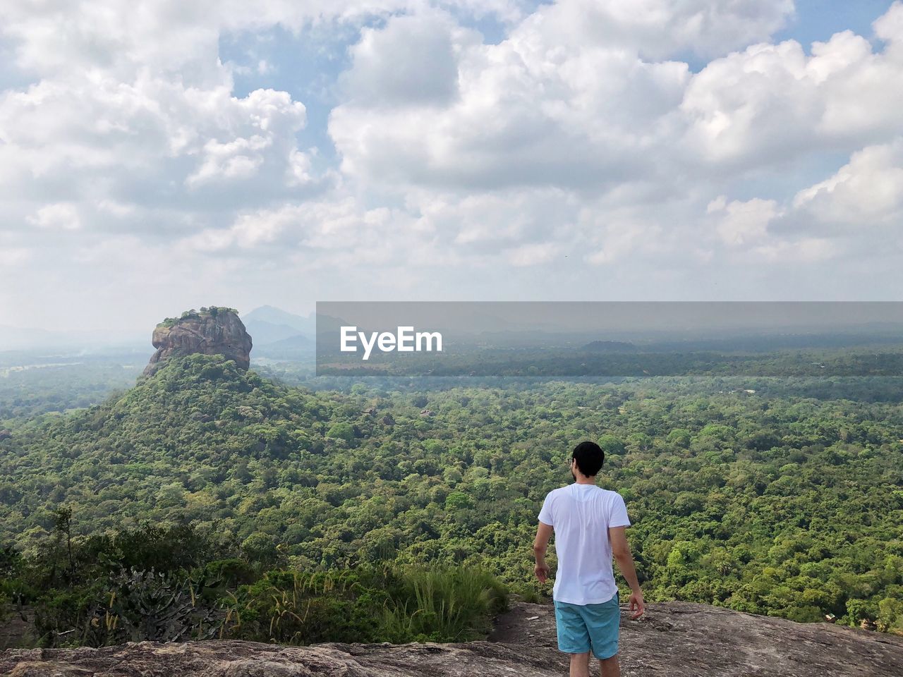 Rear view of man standing against landscape