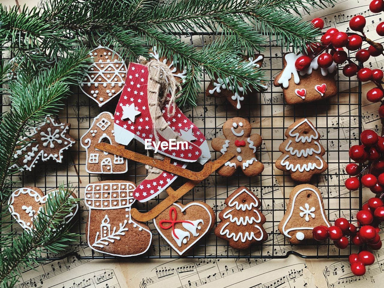 High angle view of christmas cookies on cooling rack